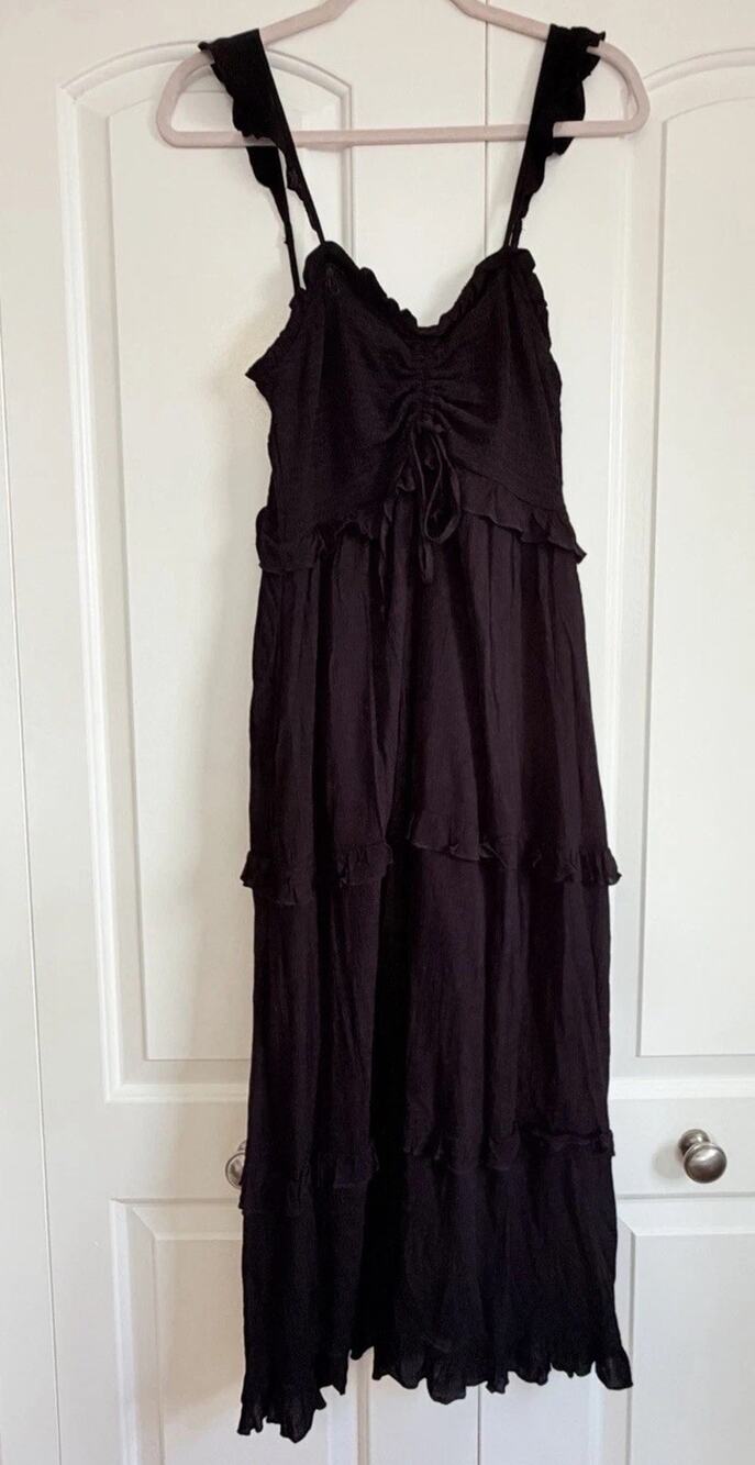 Pink Lily Black Midi Dress Women M Tiered Ruffle Smocked Tie Front Boho Flowy
